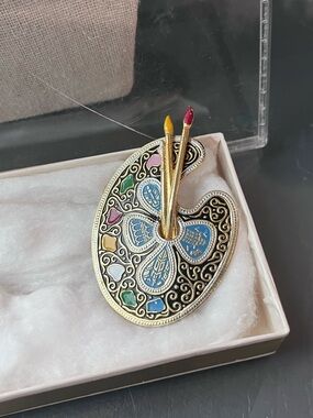Vintage Damascene Artist Palette from Spain Enamel Brooch Tiny Paintbrushes